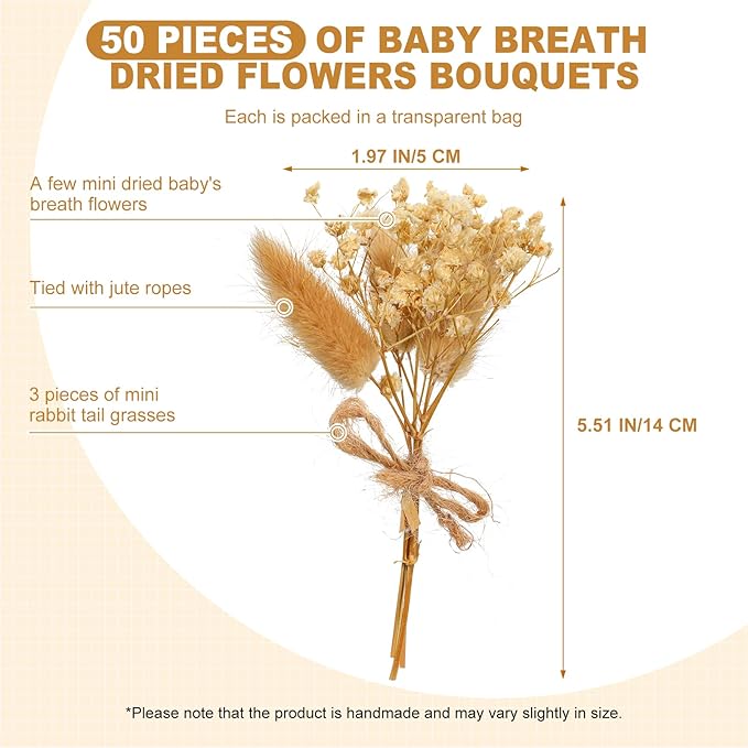 50 Pcs Mini Dried Baby's Breath Flowers Gypsophila Bouquets Natural Branches Dog Tail Bunny Rabbit Tail Dried Bulk Flowers Plants for Vase Home Decoration Photo Props Parties Weddings DIY Craft