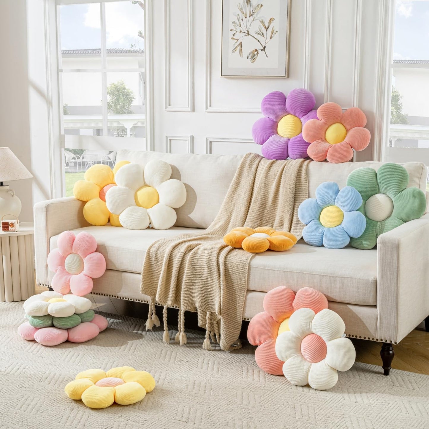 Flower Shaped Throw Pillow - Six Petal 15.75" Yellow Plush Throw Pillow for Floor Seating