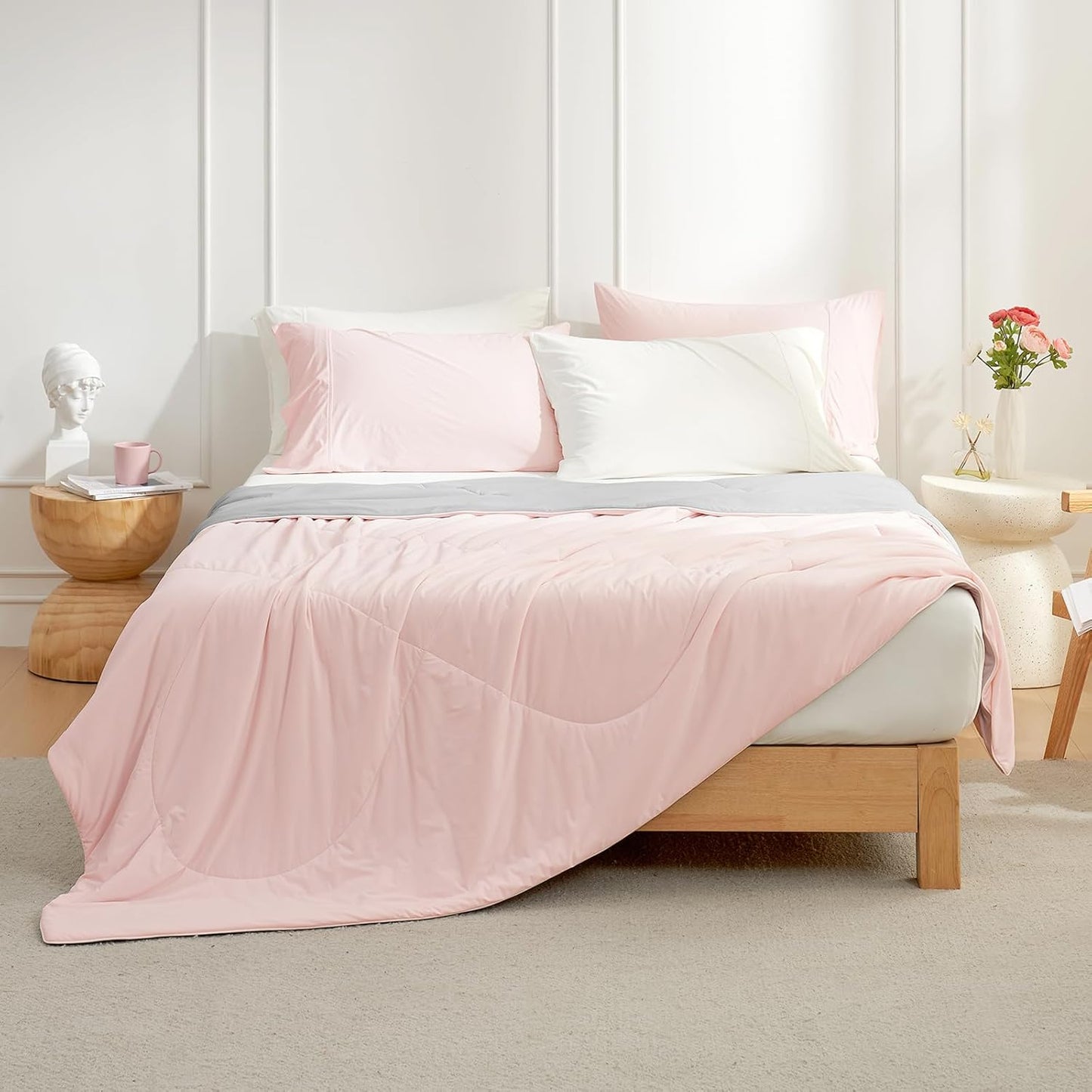 Cozy Bliss Cooling Comforter King Size, Cooling Blankets for Hot Sleepers and Night Sweats,Pink Gray Summer Comforter for King Size Bed, Breathable Soft Lightweight Silk Smooth