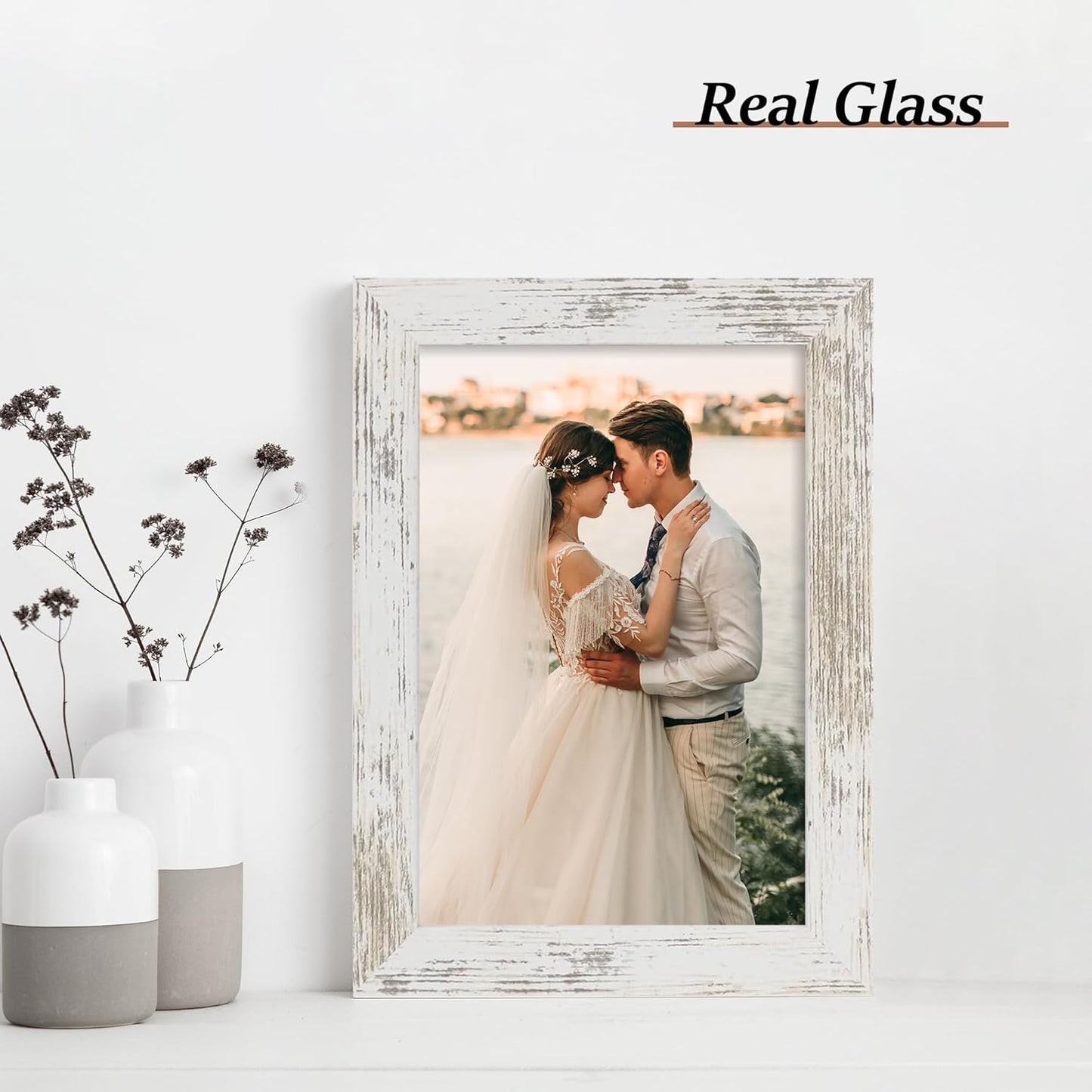 iRahmen 6x9 Picture Frame Set of 2, Distressed White Frame with HD Glass, Wood Rustic Photo Frames for Horizontal or Vertical Tabletop and Wall Mounting