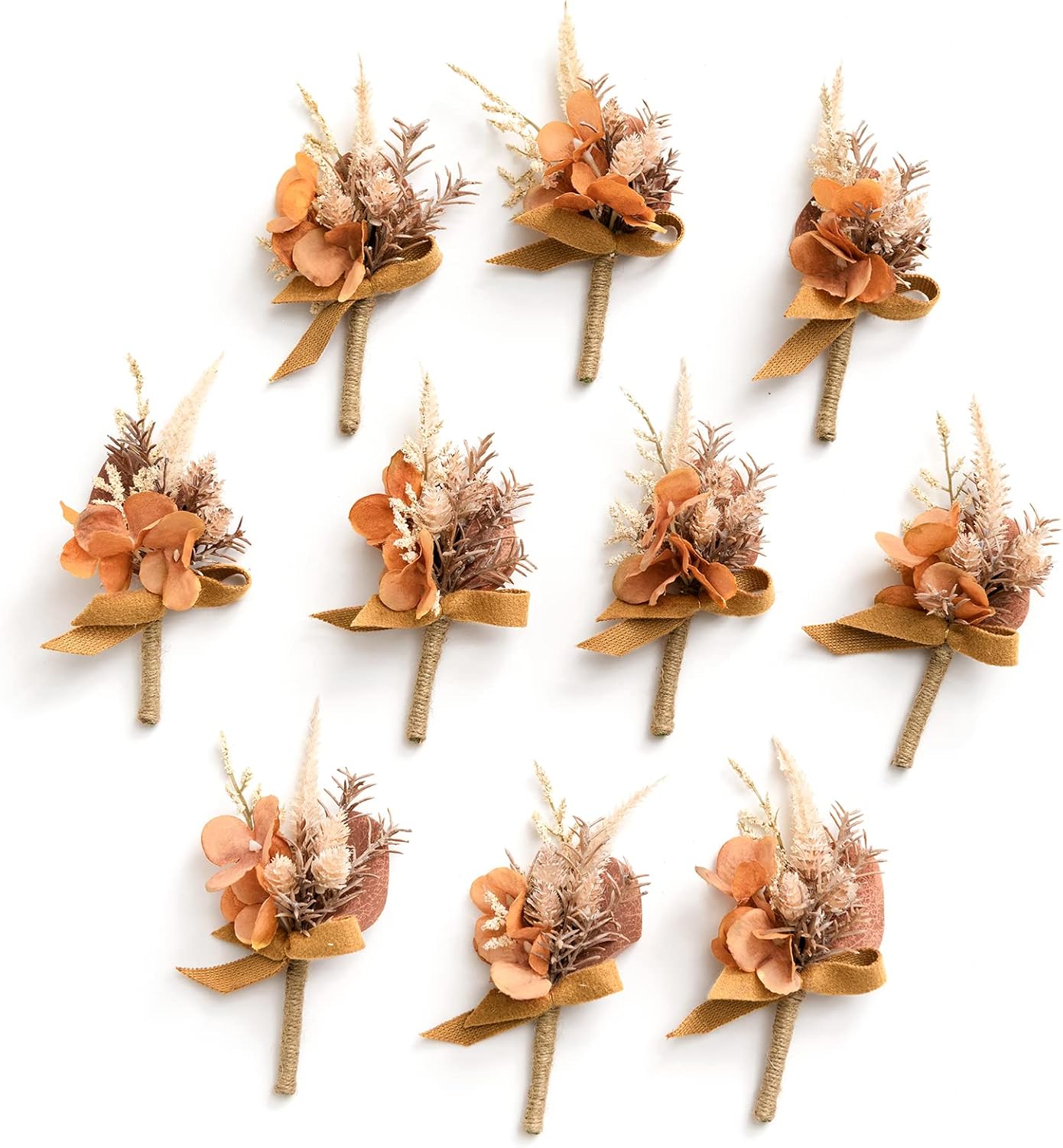 Ling's Moment Boutonniere for Men, 10pcs Groomsmen Guest Boutonniere, Artificial Flowers for Wedding Décor/Prom/Homecoming,etc.Boho Dried Burnt Orange