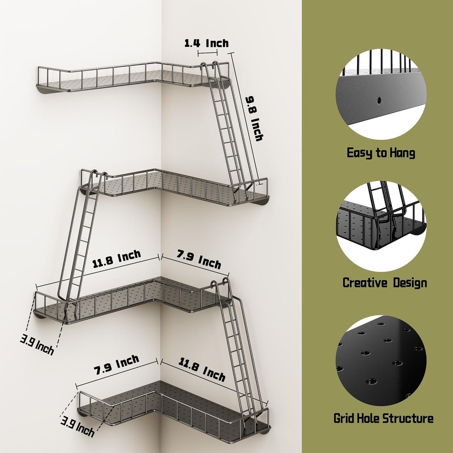 Fire Escape Wall Shelf - Modern City Style 4-Tier Corner Wall Shelves, Easy to Install Metal Ladder Shelf for Figures, New York Decorative Shelves for Bathroom, Living Room & Home Decor,Black