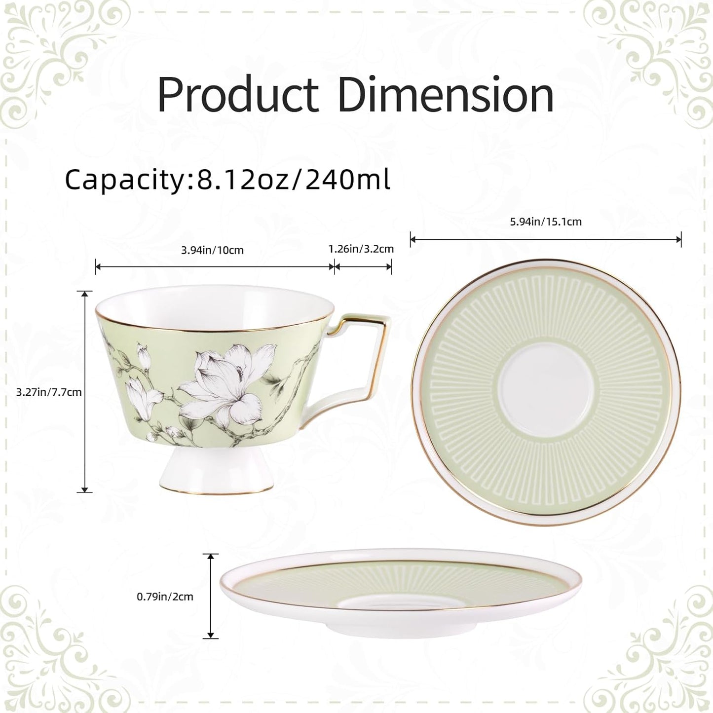 KAMMAK Ceramic Coffee Cups Saucers Set of 2, Porcelain Espresso Cups with Saucers, 8.12 oz Handcrafted Elegant Bone China Tea Cups, Blue & Sage Green Flower Teacup for Party, Office, Women Gift