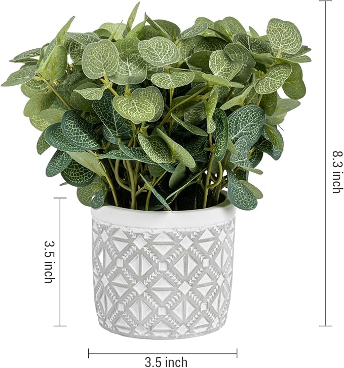 MyGift Artificial Eucalyptus Round Leaf Plant, Faux Bushy Green Leaves Potted in Gray Concrete Pot with Geometric Embossed Pattern, Indoor Home Table Decor