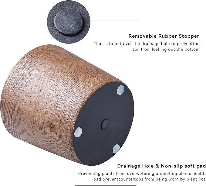 Ekirlin 7 inch Plant Pot, Resin Mahogany Texture Flower Planters with Drain Hole, Removable Rubber Stopper and Non-Slip Soft Pad - for Most Plants and Flowers