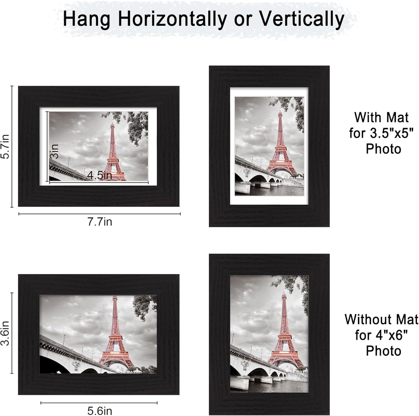 iRahmen 4x6 Picture Frame Set of 2, Black Wood Photo Frame with High Definition Glass, Display Pictures 3.5x5 with Mat or 4 x 6 Without Mat for Tabletop and Wall Mounting