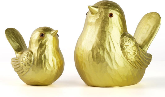 Gold Bird Decor - Small Bird Statues Modern Style Figurines for Living Room, Desk & Entryway, Cute Country Decor (Gold, 1B & 1S)