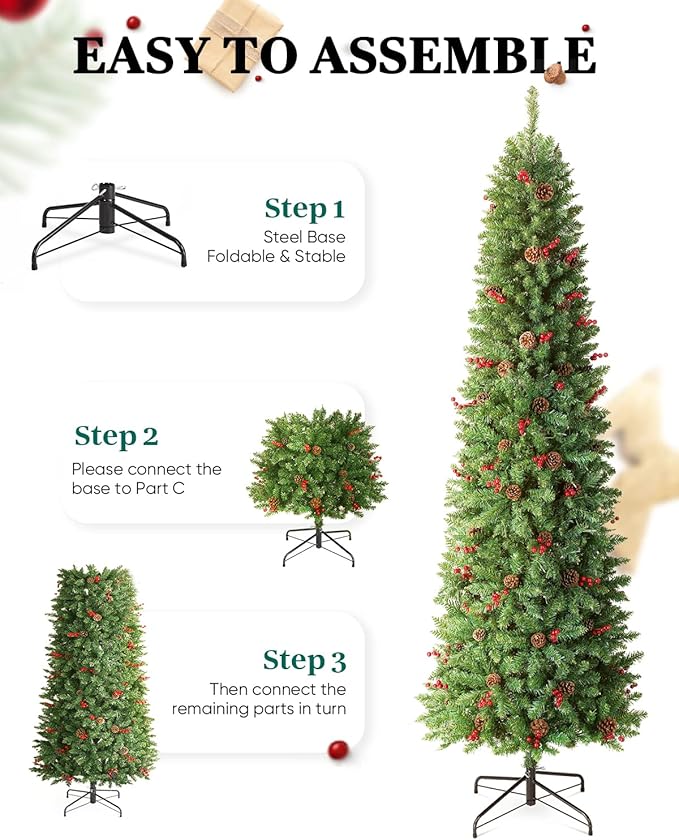 6.5FT Prelit Slim Christmas Tree Pine Tree Decorated with 250 Clear Lights, Pine Cone and Red Berries for Festive Holiday Decor