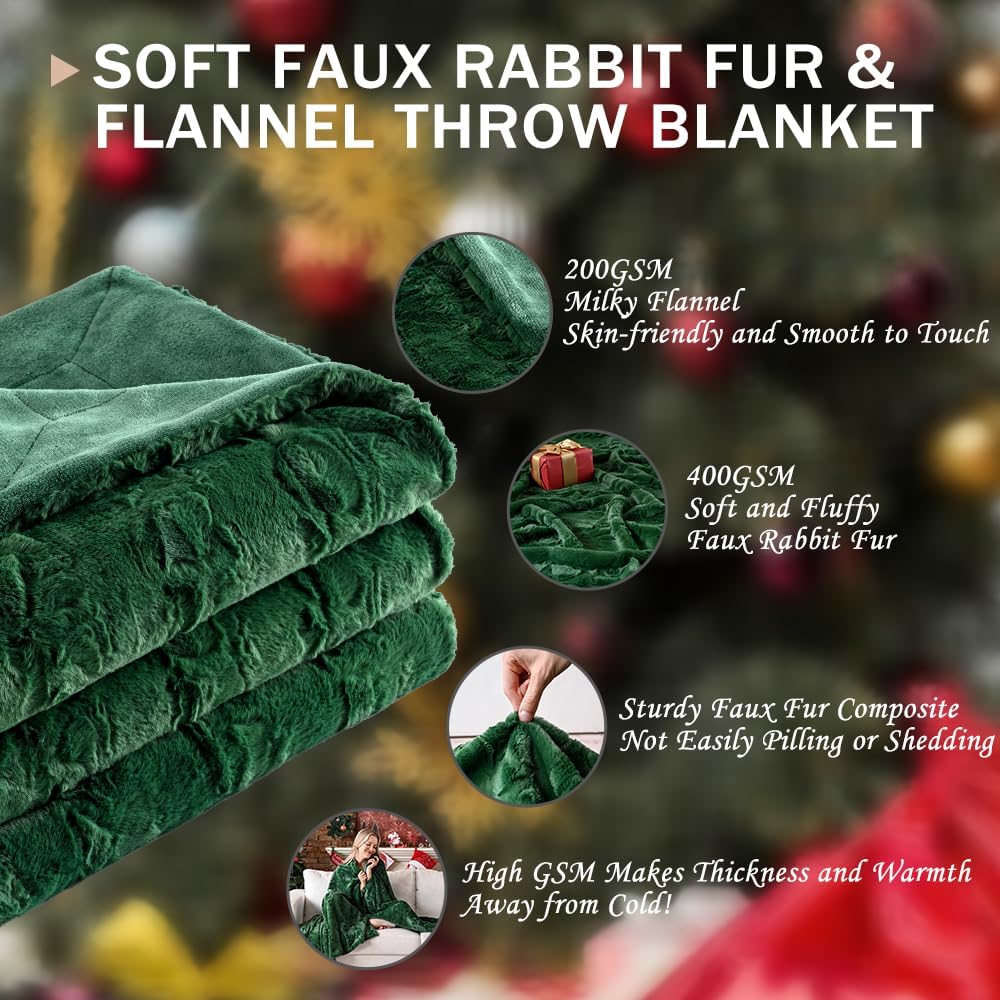 Krifey Faux Fur Throw Blanket, Super Soft Cozy Blanket, Luxury Fluffy Blanket Warm Bed Throw, Plush for Women, Dark Green, 50" x 60"