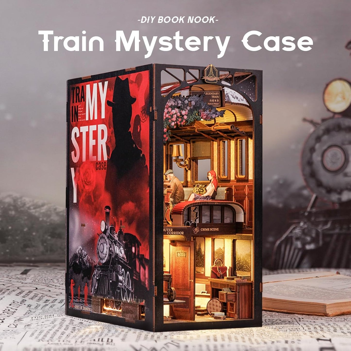 Fsolis Book Nook Kit, DIY Miniature Room House Kit for Adult Decorative Bookend Bookshelf Bookcase Nook Decor Gifts for Women Teens and Book Lovers(Train Mystery Case)