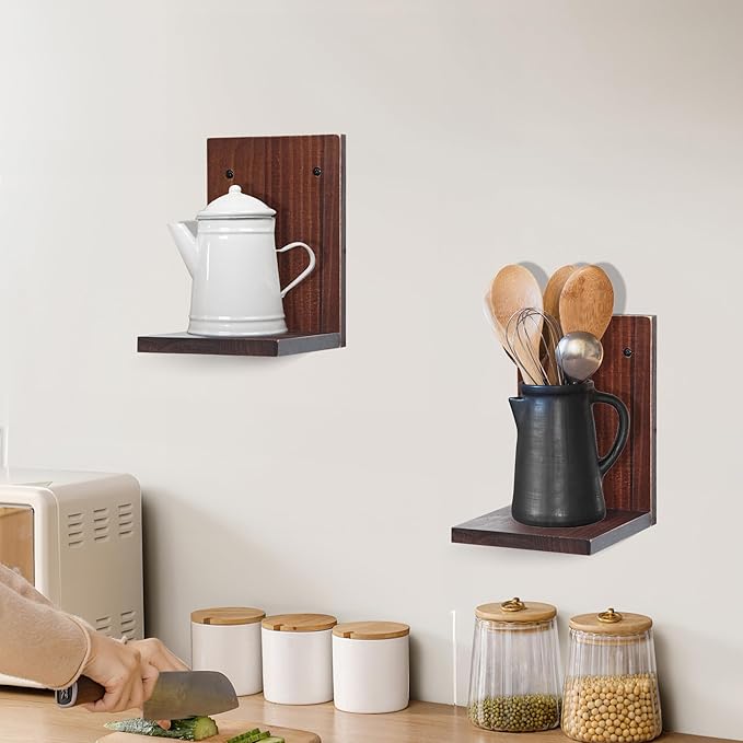 Small Wall Shelf,L-Shaped Small Floating Shelves for Plants Speaker Table Lamp Display,Wooden Ledges Indoor Modern Midcentury Decorative for Gallery Living Room Porch,Pine,2 Pack(Rustic Walnut)