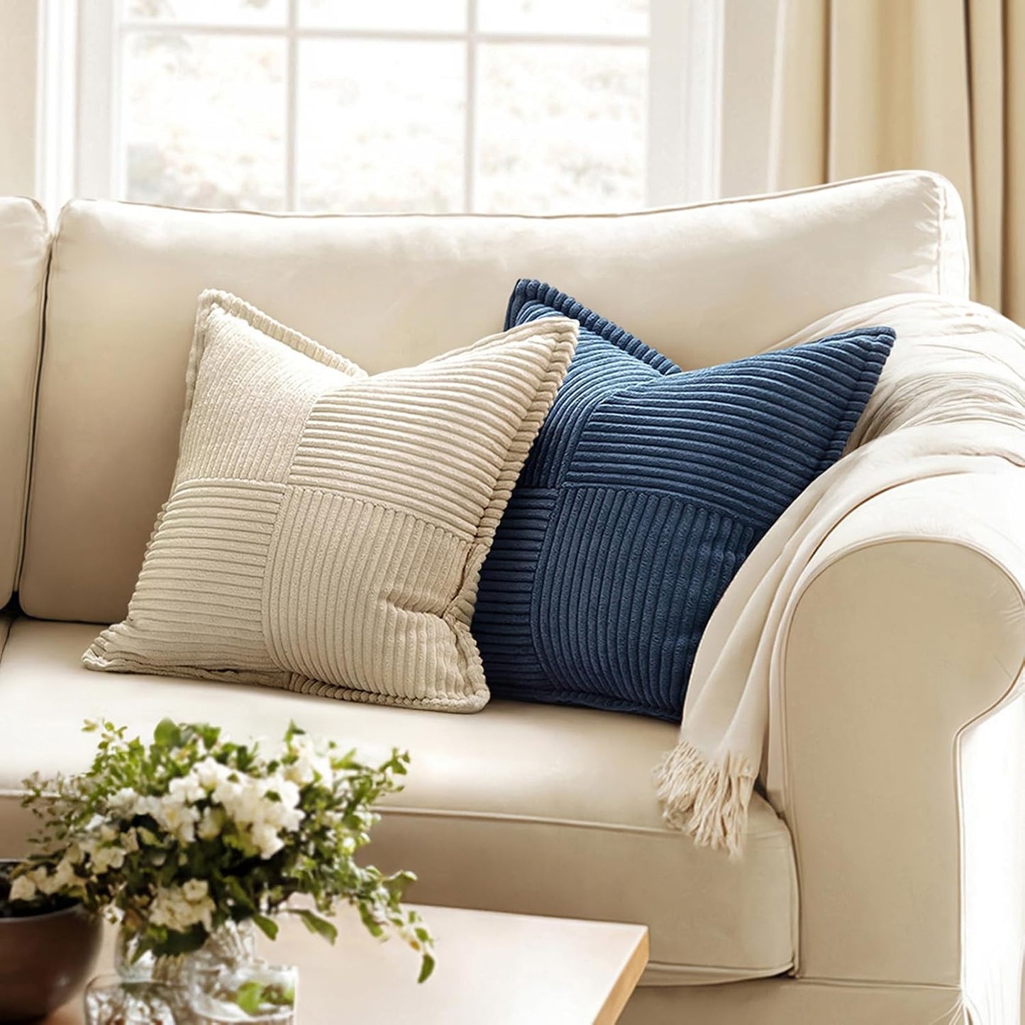 MIULEE Blue Corduroy Decorative Euro Sham Pillow Covers 24x24 Inch with Splicing Set of 2 Soft Boho Pillow Covers Broadside Textured Summer Coastal Pillowcases for Couch Bed Livingroom