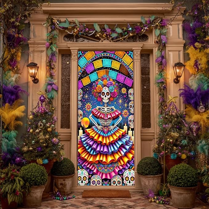 2D flat Colorful Sugar Skull Day of the Dead Door Decorations Día de los Muertos Door Cover Banner Indoor Outdoor Front Door 71x35 Inch