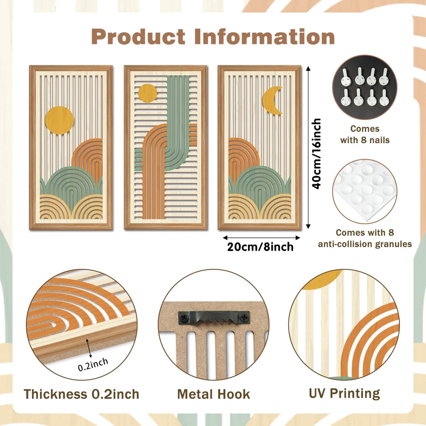 IARTTOP 3 Pcs Boho Abstract Wood Wall Art Modern Geometric Artwork Bohemian Sun and Moon Wood Wall Decor Minimalist Line Hanging Decor for Living Room Bedroom Apartment 7.9 x15.8 Inch