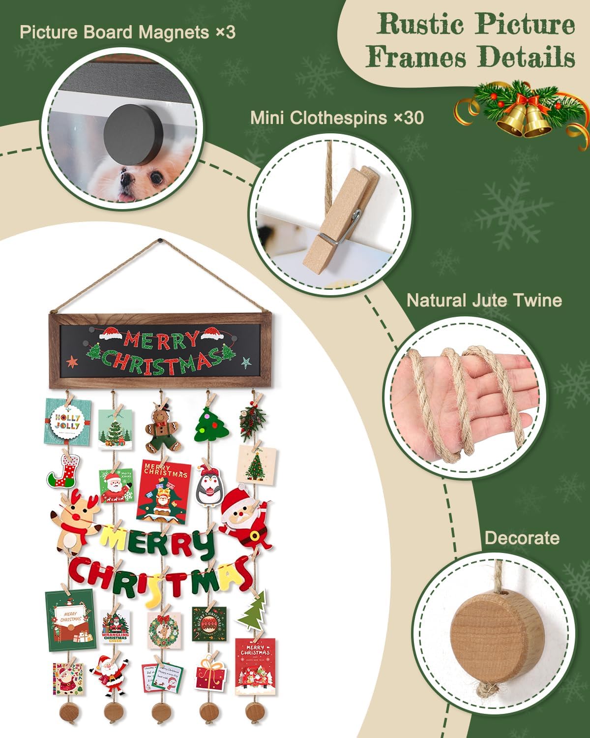 Bikoney Picture Frames Collage Photo Hanging Display Picture Board Wood Rustic Frames for Wall Decor and Dorm Room Decor with Blackboard and 30 Clips Carbonized Black