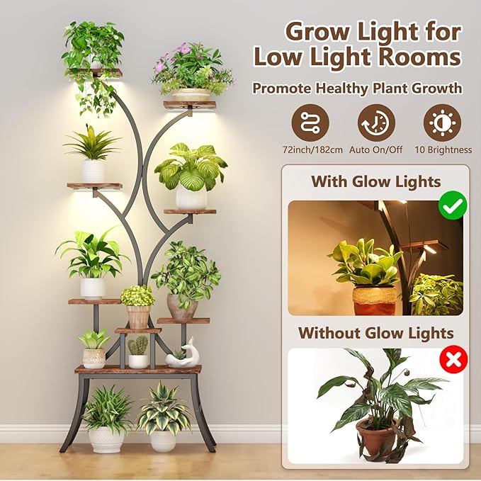 Plant Stands Indoor With Grow Light For Indoor Plants Multiple - 62" Tall Indoor Shelf With Anti-Tipping Device, Black Metal Flower Holder Rack