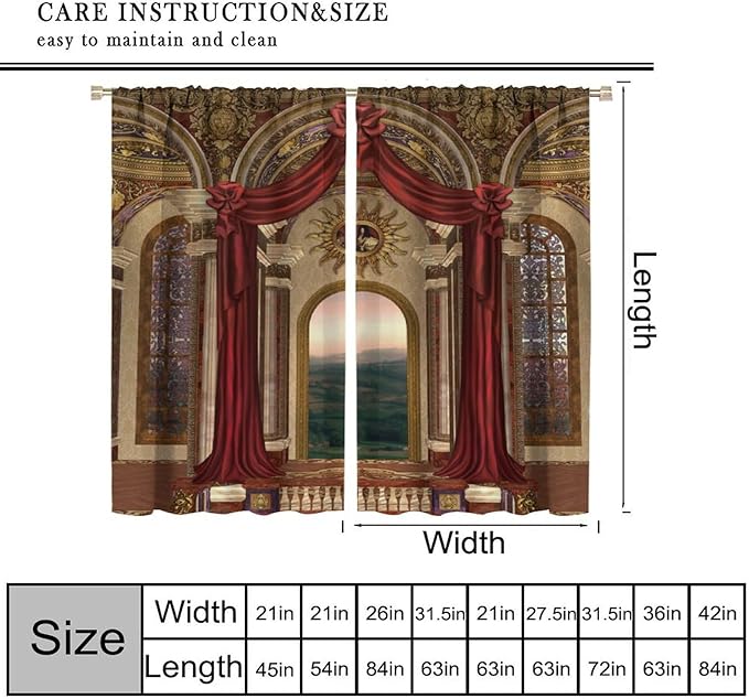 Gothic Blackout Curtains，Red Fantasy Palace Pattern Drapes Window 2 Panel Rod Pocket Curtain for Bedroom Living Room Decor 21" W X 45" L