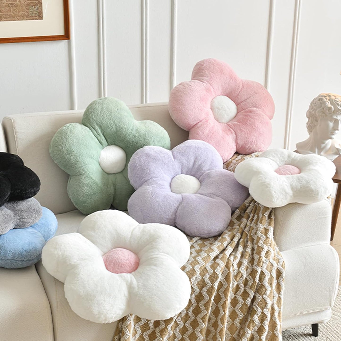 Flower Pillows, Soft Flower Shaped Pillow with Home Decorative for Couch Chair Bed,Flower Floor Throw Pillows for Adults Bedroom Living Room (Grey Blue, 15 Inches)