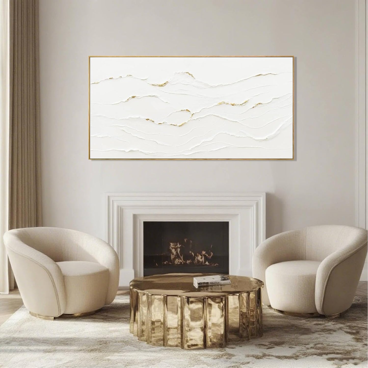Minimalist White and Gold Line Artwork with Frame Hand Painted Abstract Canvas Wave Wall Art for Bedroom Living Room Office 24"x48"