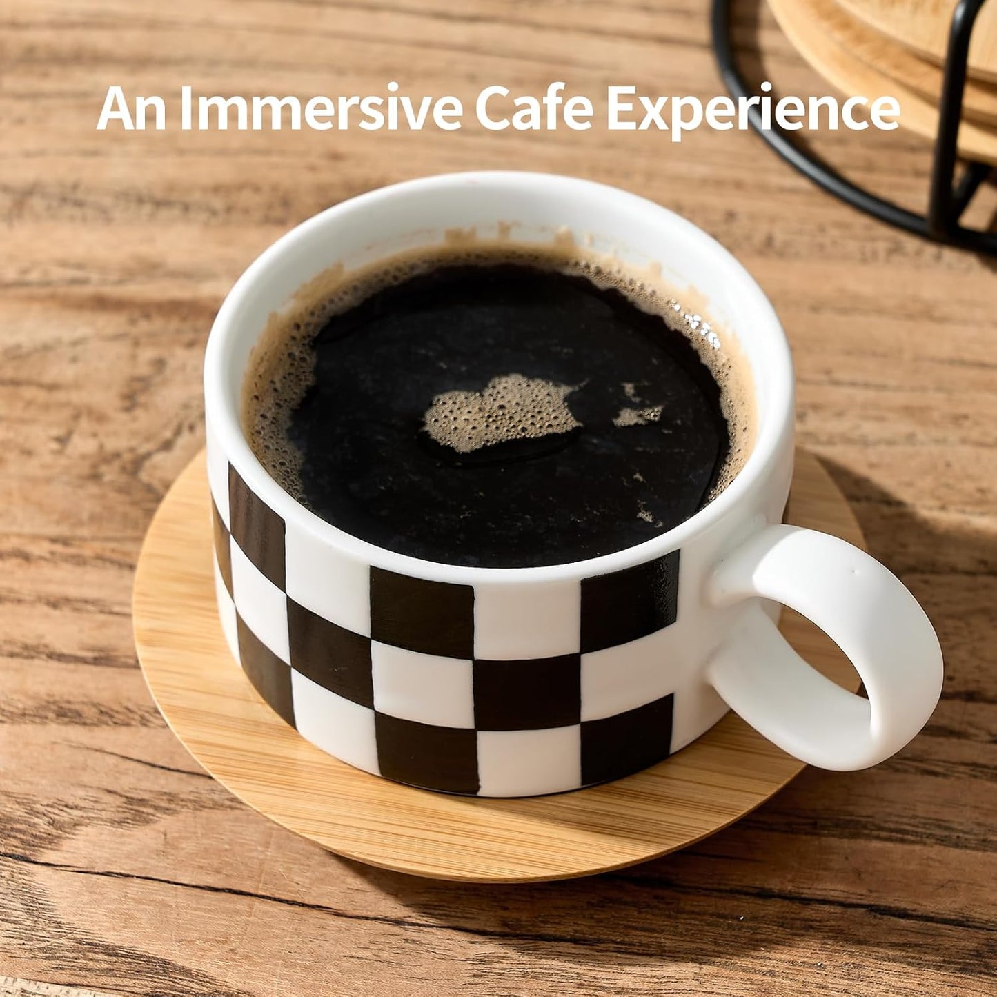 LUKA 6 Ounce Ceramic Stackable Black and White Checkered Espresso Cups with Saucers and Metal Stand Set of 4, Cappuccino Cups Set for Coffee Drinks, Latte, Cafe Mocha and Tea