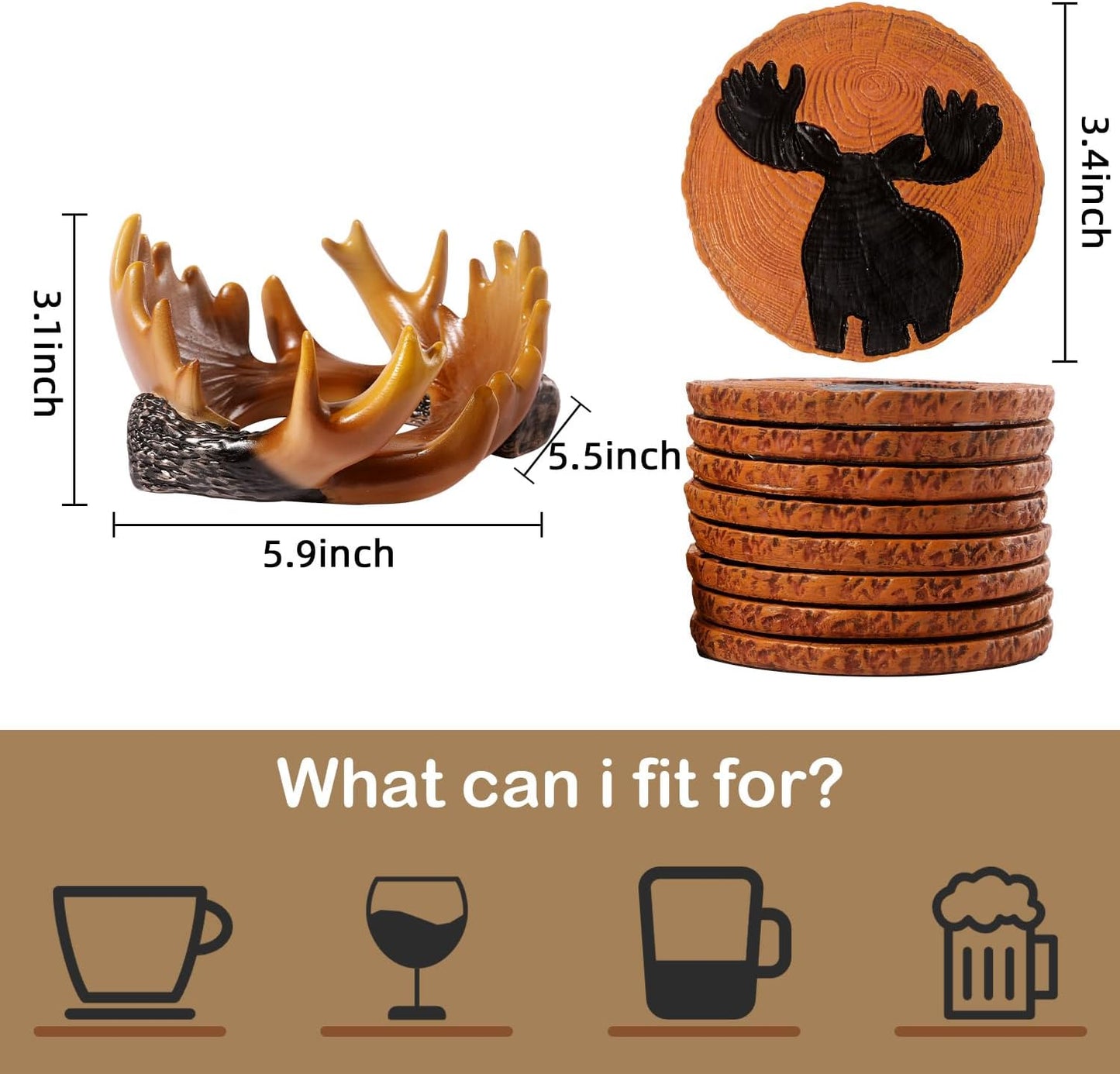 Deer Antler Coasters - 8 Full Size Rustic Coasters for Log Cabin Decor - Hunting Decor