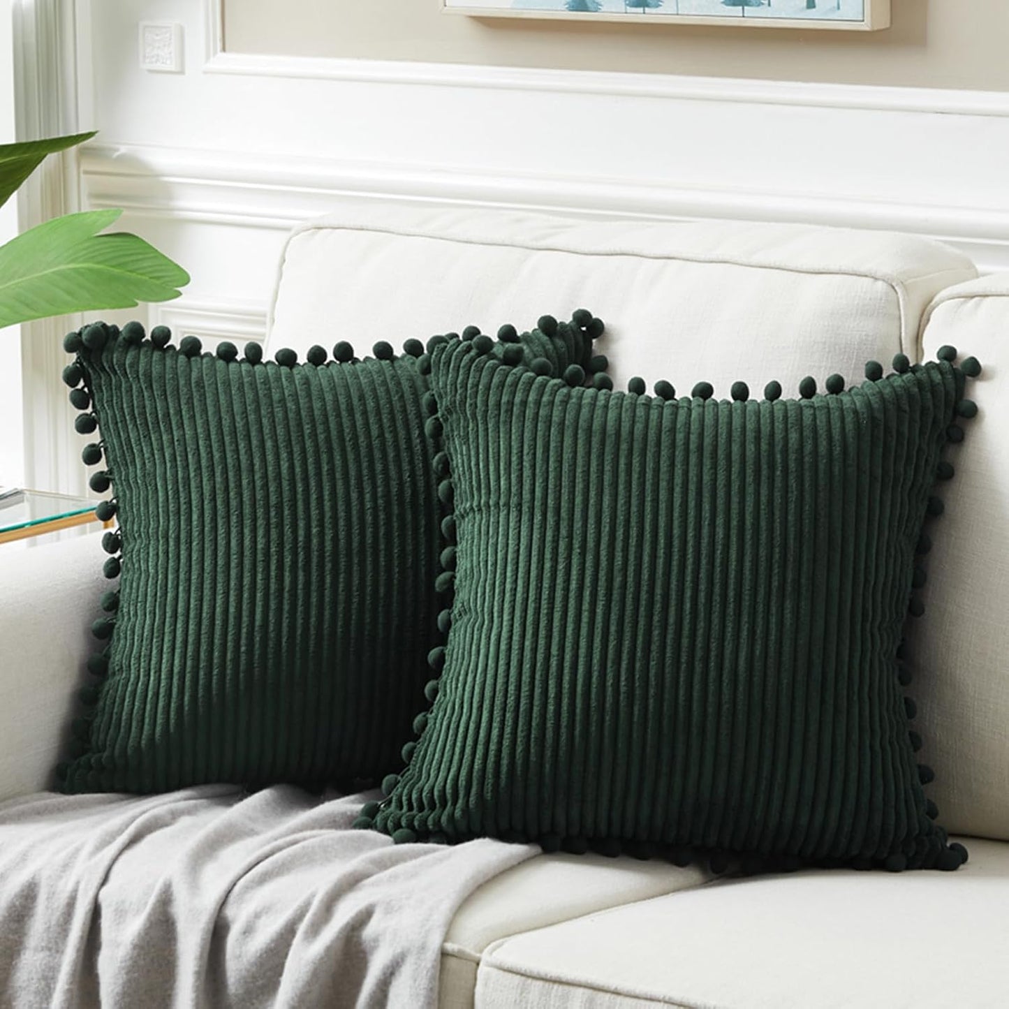 Fancy Homi Set of 2 Dark Green Boho Decorative Throw Pillow Covers 20x20 Inch with Pom-poms for Living Room Couch Bed Sofa Bedroom Indoors, Modern Farmhouse Boho Vintage Army Green Home Decor