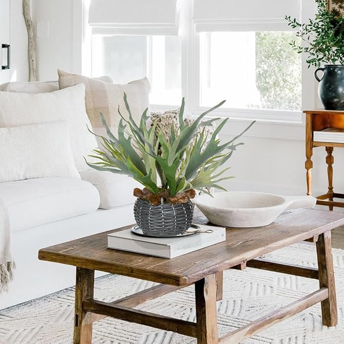 Hollyone Artificial Staghorn Fern Hanging Plants, Fake Boston Fern Hanging Plant in Persian Rattan Pot Faux Fern Plant Potted Hanging Plant for Indoor Outdoor Home Wall Room Garden Decor