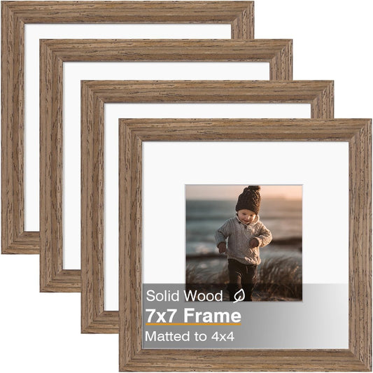 KINLINK 7x7 Picture Frame, Brown Square Solid Wood Frames for Pictures 4x4 with Mat or 7x7 without Mat, Wall and Tabletop Display Photo Frames Brown Wood 4 Pack
