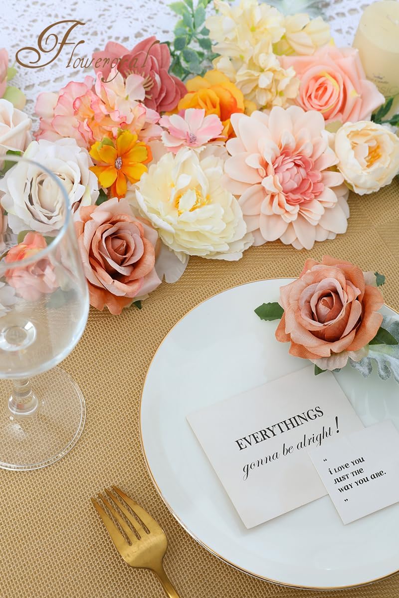 Floweroyal Artificial Flowers Combo Champagne Flowers Mix Silk Flowers Dahlia Roses with Stems for DIY Wedding Bridal Bouquets, Baby Shower, Floral Arrangement, Table Centerpieces, Home Decorations.