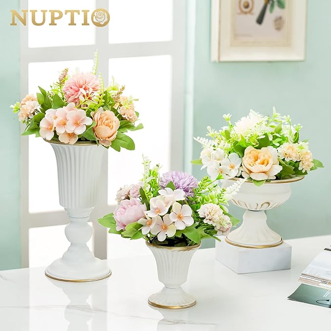 Nuptio Pcs of 2 Mini Sized Metal Urn Planter Elegant Wedding Centerpieces Vase for Wedding Party Decoration, 12.6cm/4.96" Tall Trumpet Vase Flower Holder for Anniversary Ceremony, White