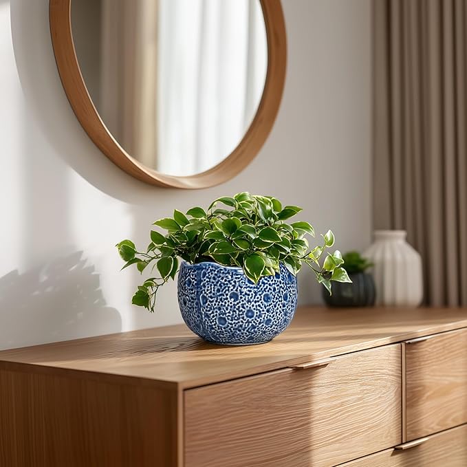 Orchid Pot - 6 Inch Ceramic Plant Pot for Indoor Outdoor, Round Unique Planters with Drainage Hole, Modern Round Decorative Flower Pots, Home Decor, Gifts for Plant Lovers, Blue