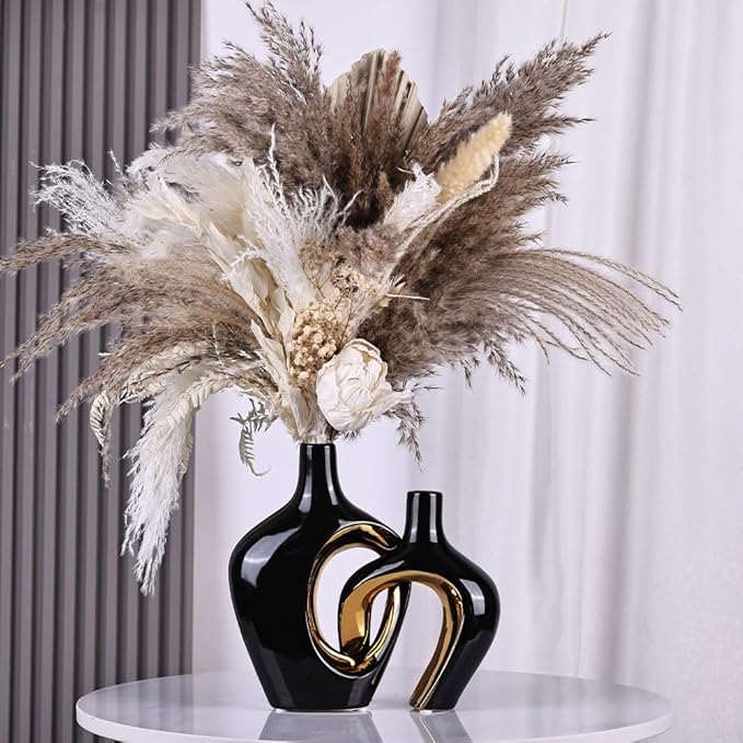 Black and Gold Hollow Ceramic Vase Set of 2, Modern Nordic Boho ins Style Aesthetic Decorative Flower Vase for Home Decor, Wedding, Living, Bedroom, Dining Table, Shelf, Mantle, Office Decor