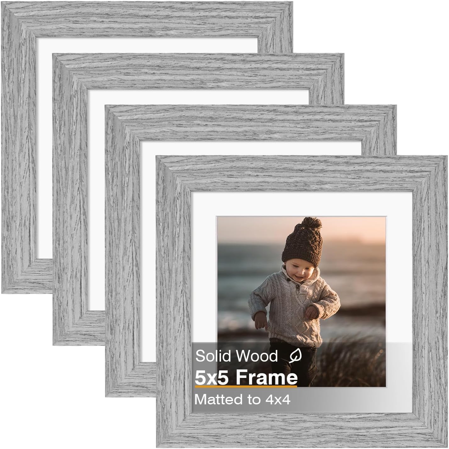KINLINK 5x5 Picture Frame, Grey Square Solid Wood Frames for Pictures 4x4 with Mat or 5x5 without Mat, Wall and Tabletop Display Photo Frames Grey Wood 4 Pack