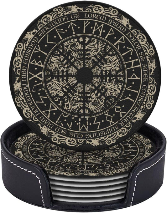 Black Viking Magical Leather Drinks Coasters with Holder, Set of 6, Suitable for Various Cups