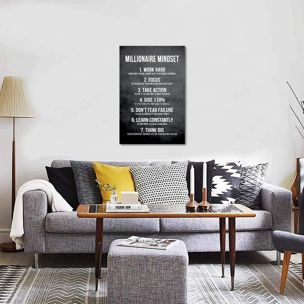 Millionaire Mindset 7 Rules Motivational Wall Art Inspirational Canvas Prints Positive Quotes Poster Success Artwork Office Picture Wall Decor Modern Home Decoration Framed- 24 x 36 inch