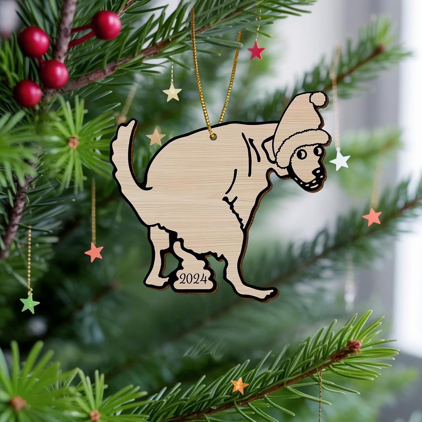 Humorous Dog Christmas Tree Keepsake Ornaments, Funny Dogs Themed 2 Side Printed Flat Wooden Ornament, Xmas Hanging Decor