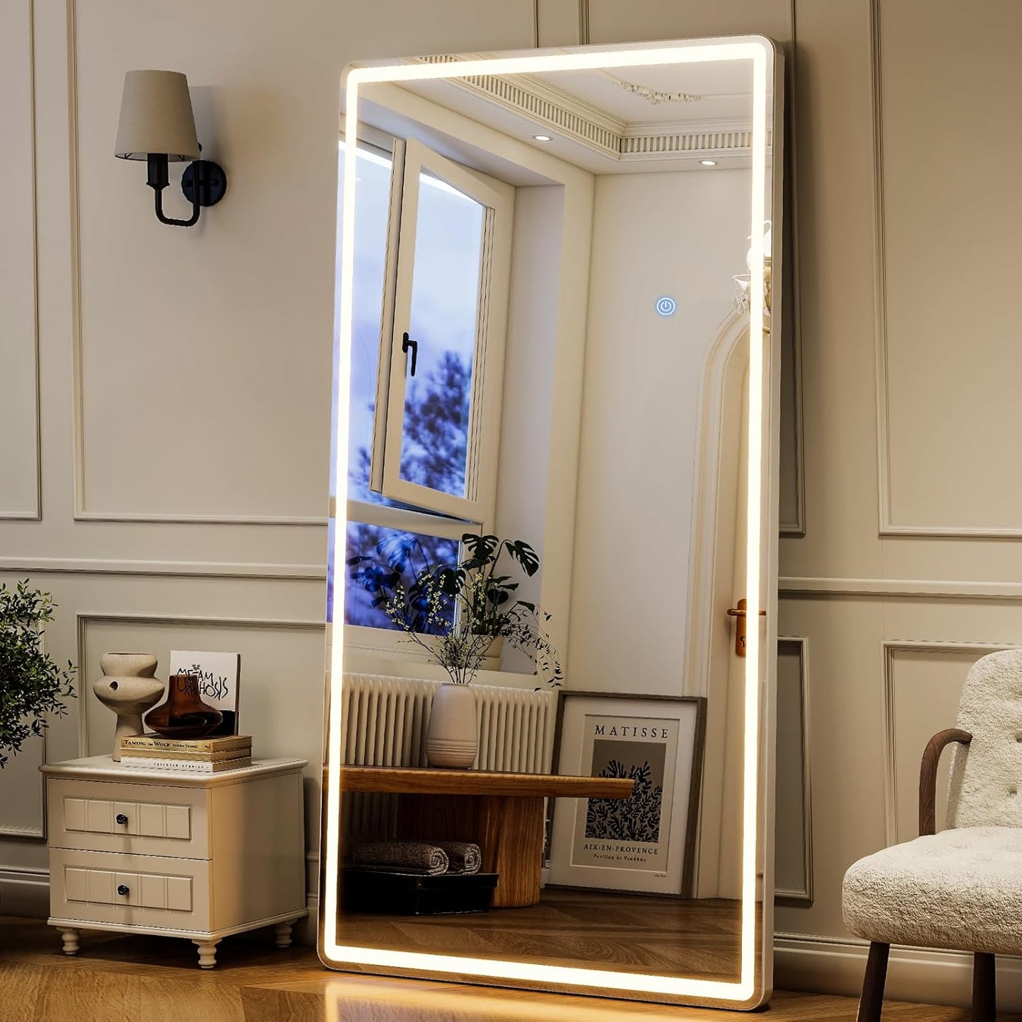 GLSLAND 26"x68" LED Full Length Mirror - Full Body Mirrors with Lights Dimmable 3 Color Lighting Floor Standing Mirror Hanging for Bedroom Living Room Cloakroom,White