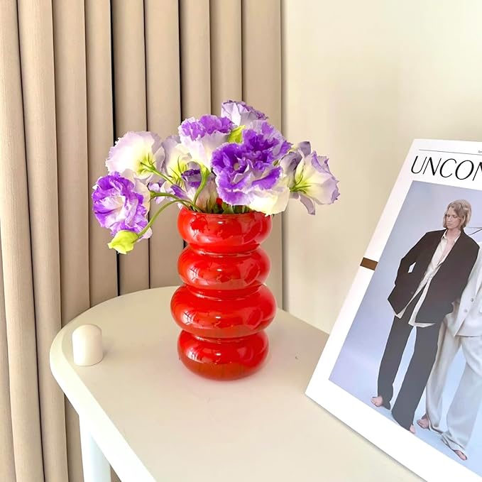 Colored Glass Hydroponic Flower Vase 7 Inch Orange Geometric with Waves and Bubbles Four Layer Glass Vase for Home Decoration Modern Freestanding Indoor Hydroponics Dried Flowers