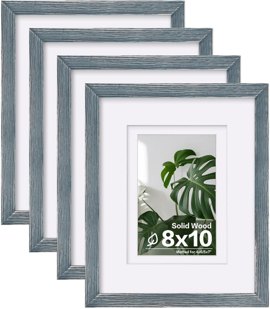 Egofine 8x10 Picture Frames Set of 4, Made of Solid Wood Covered by Plexiglass 4x6 and 5x7 with Mat or 8x10 without Mat, for Table Top Display and Wall Mounting Photo Frame Rustic Blue