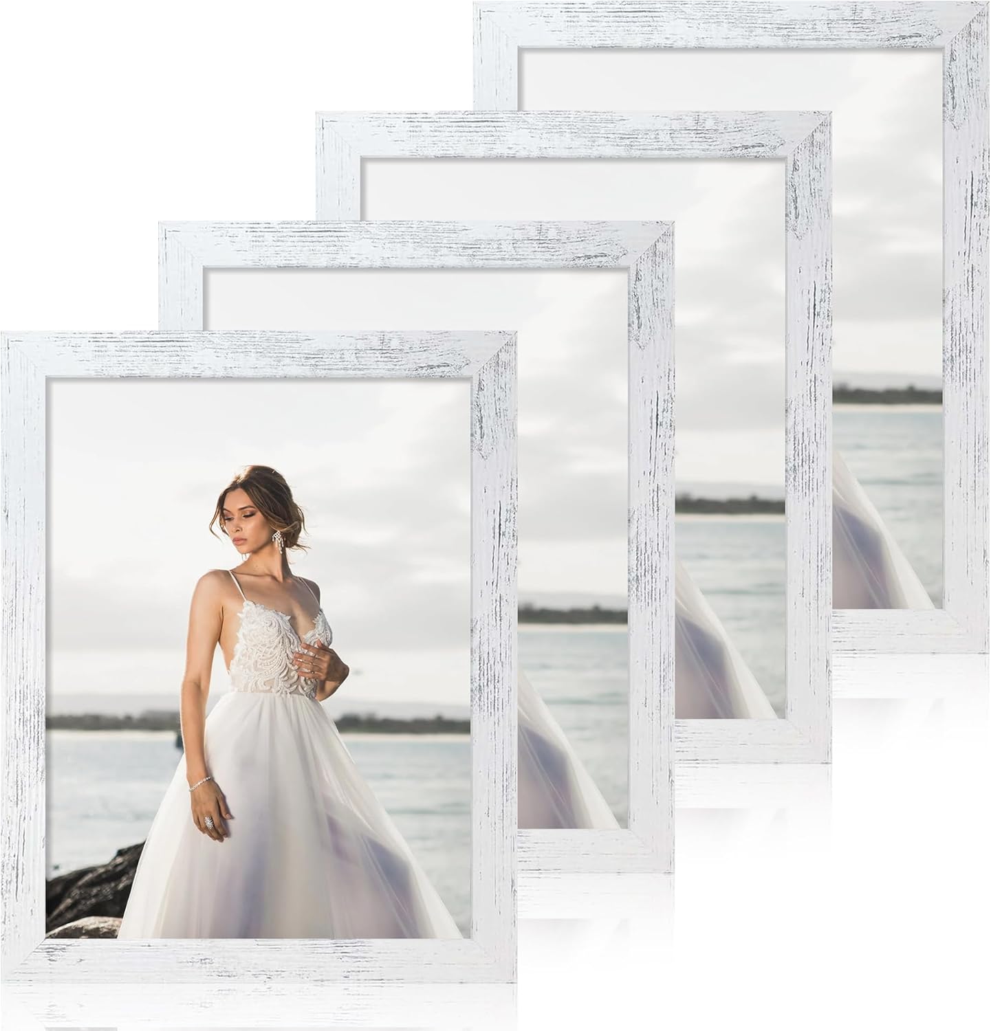 iRahmen 8.5x11 Picture Frame Set of 4, Distressed White Certificate Frame with Real Glass, Wood Photo Frames 8.5 by 11 Diploma Document for Wall Hanging and Tabletop Display