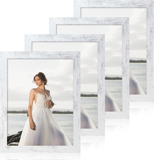 iRahmen 8.5x11 Picture Frame Set of 4, Distressed White Certificate Frame with Real Glass, Wood Photo Frames 8.5 by 11 Diploma Document for Wall Hanging and Tabletop Display