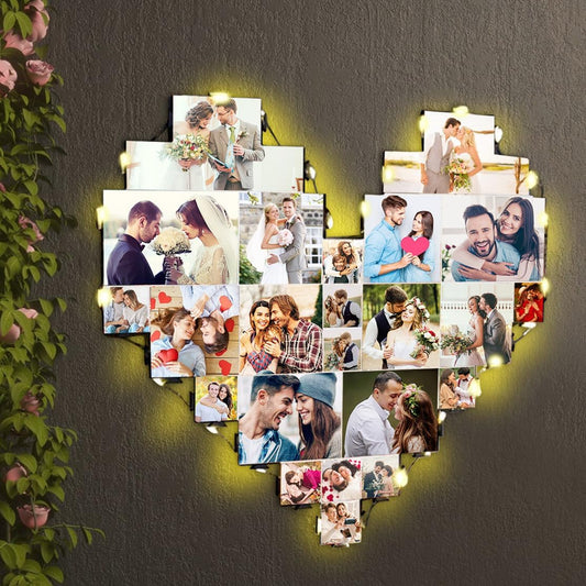 Heart Picture Frames Collage with custom 15 photo Wall Hanging Picture Frame with Led Light, Multi Photo Frame Collage for Family Pictures Wall Decor Gift For Mom Dad Father Lover Wife (15 photo)