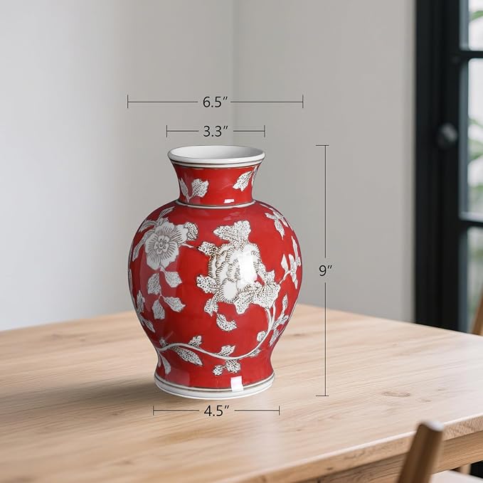 Vintage Chinoiserie Floral Ceramic Vase, Large Rustic Pottery Vases for Living Room, Entryway, Dining Table Centerpiece, Farmhouse Home Décor, Floor or Tabletop Flower Vase, (Red)