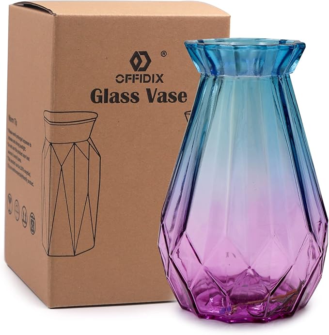 OFFIDIX Glass Vase Gradient Multicolor with Geometric Faceted Design Flower Vase for Weddings, Events, Decorating, Arrangements, Flowers, Office, or Home Decor
