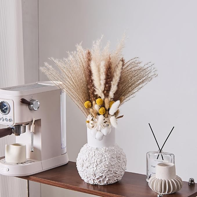 White Rose Hand-Carved Resin Vase – 8 Inch Decorative Bulb Vase for Pampas Grass, Centerpiece, Home Decor | Elegant Entryway, Countertop & Nightstand Accent | Unique Housewarming Gift