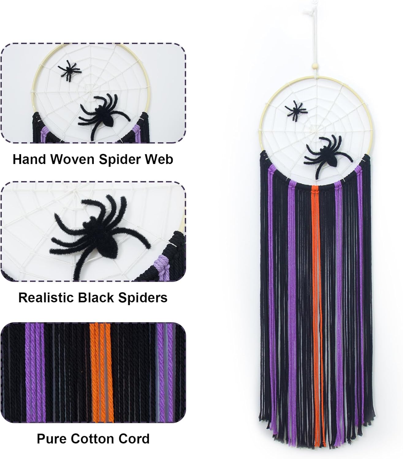 LB Purple Halloween Black Macrame Wall Hanging Spooky Spider Wall Decor Beige Spider Web Purple Black Woven Tassels Tapestry Yarn Macrame Wall Art for Living Room Bedroom Dorm Nursery Home Decoration