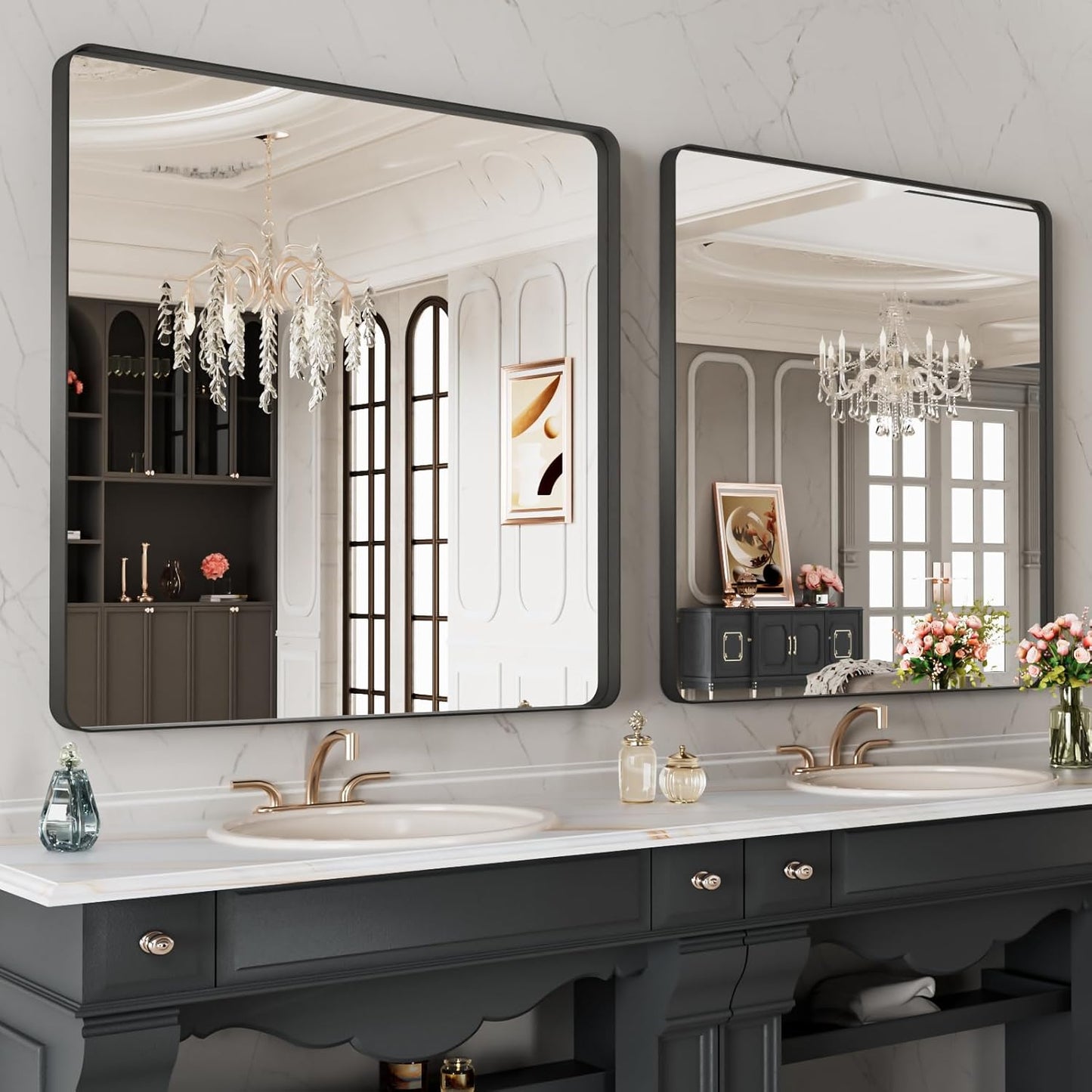 LOAAO 32X32 Inch Black Metal Framed Bathroom Mirror for Wall, Matte Black Bathroom Vanity Mirror Farmhouse, Anti-Rust, Hangs Horizontally or Vertically