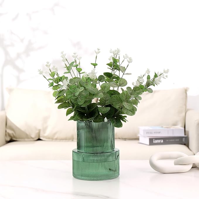 Green Glass Vase, Ribbed Glass Vase for Tulips, Flower Vases for Bouquet, Green Modern Vases for Living Room, Dining Table, Entryway, Mantle, Shelf, Wedding, Office, 7.5 Inches