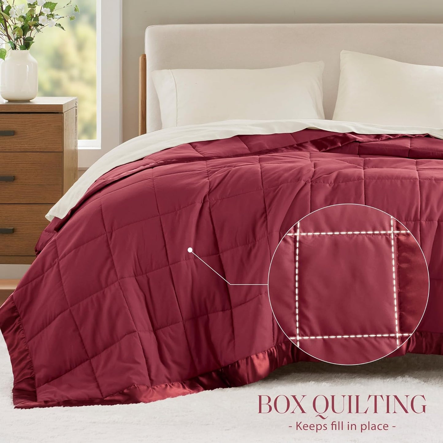 Madison Park Windom Down Alternative Blanket, Premium 3M Scotchgard Moisture Wicking Treatment, Lightweight and Soft Bed Cover For All Season, Twin, Satin Trim, Burgundy