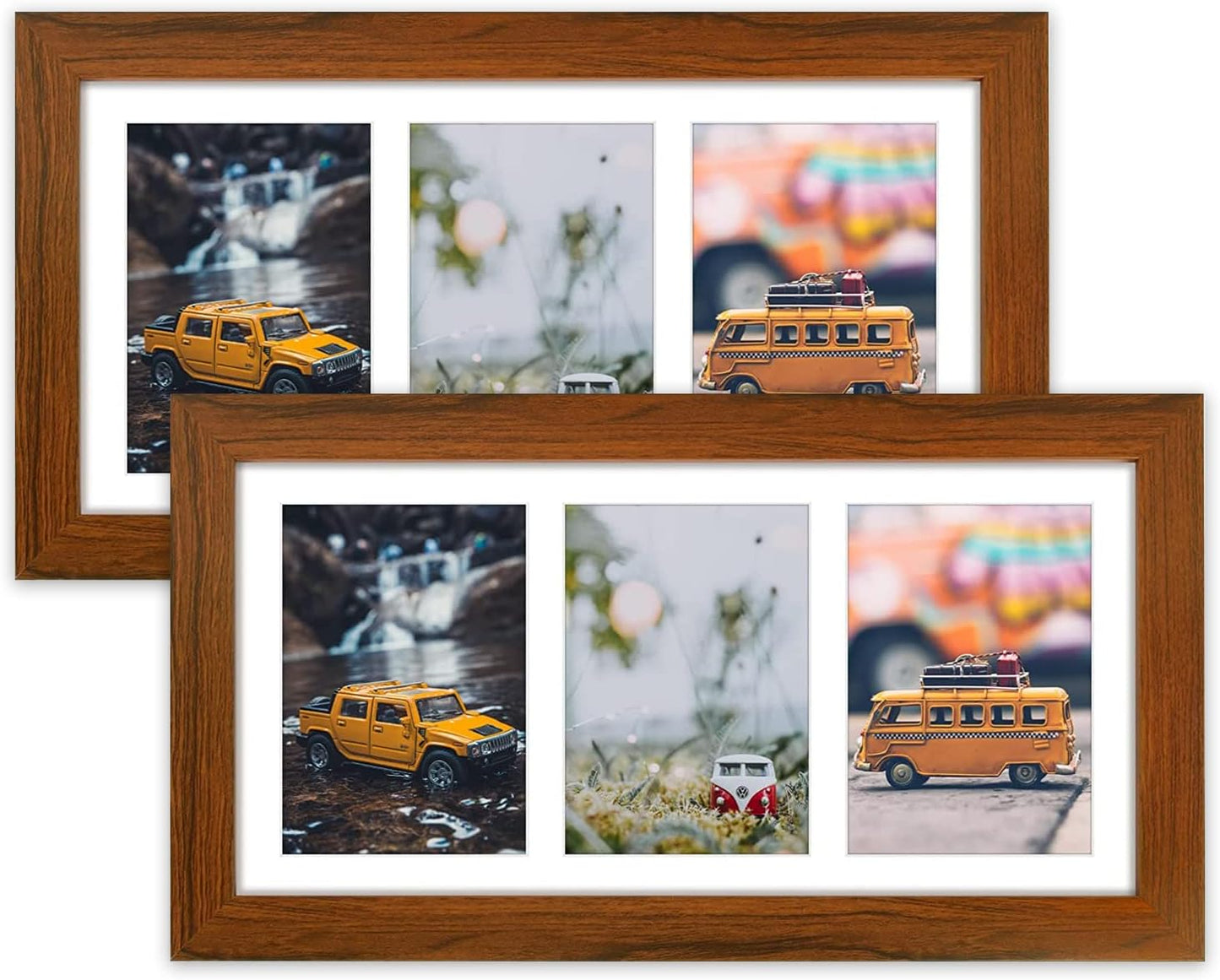 Golden State Art, Set of 2, 7x14 Brown Photo Solid Wood Collage Frame with Mat Displays (3) 4 x6 Pictures